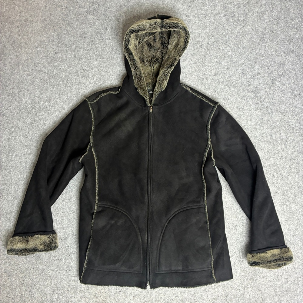 Aeros Faux Suede Hooded Jacket Women Small Black Excellent Zip Up Shearling Coat